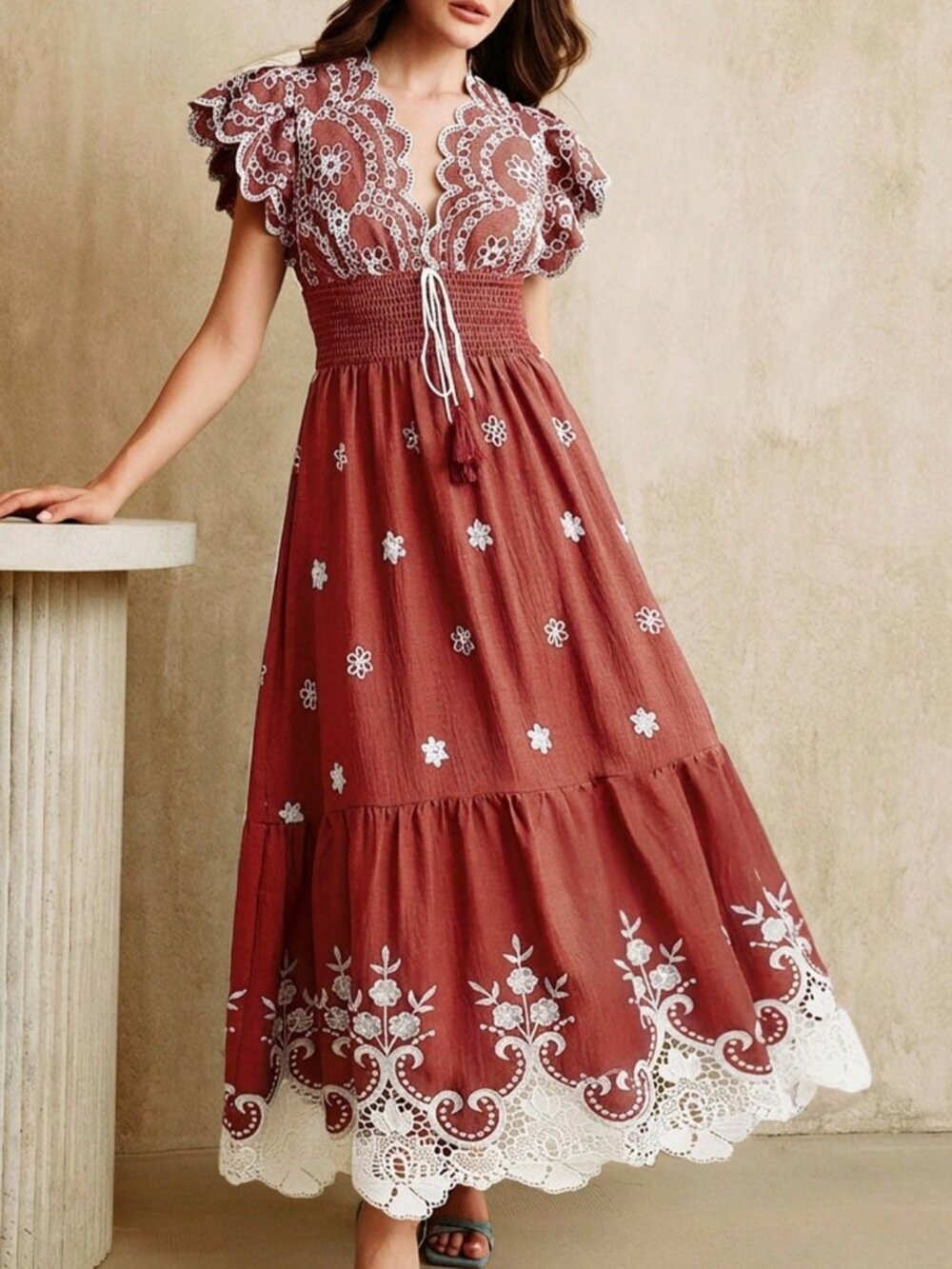 Red Boho Women's Embroidered Lace V-Neck Short Sleeve Cinched Maxi Dress - Picture 4 of 7